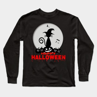 Halloween Witches Cat Pumpkin Head Moon Party Long Sleeve T-Shirt